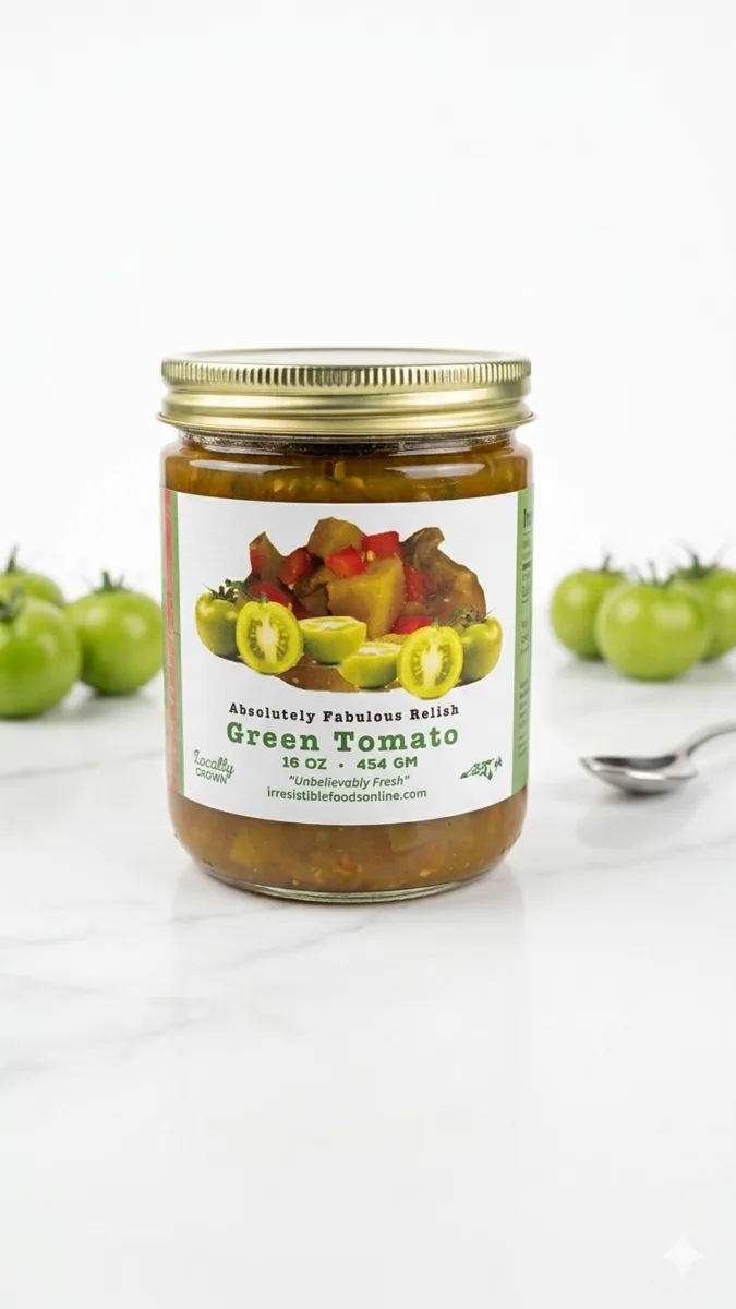 Green Tomato Relish jar with green tomatoes