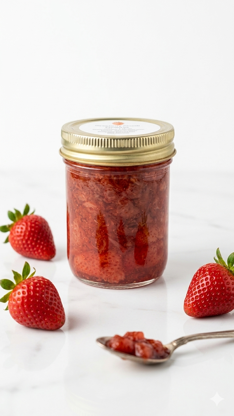 Strawberry Smash Conserve jar with fresh strawberries