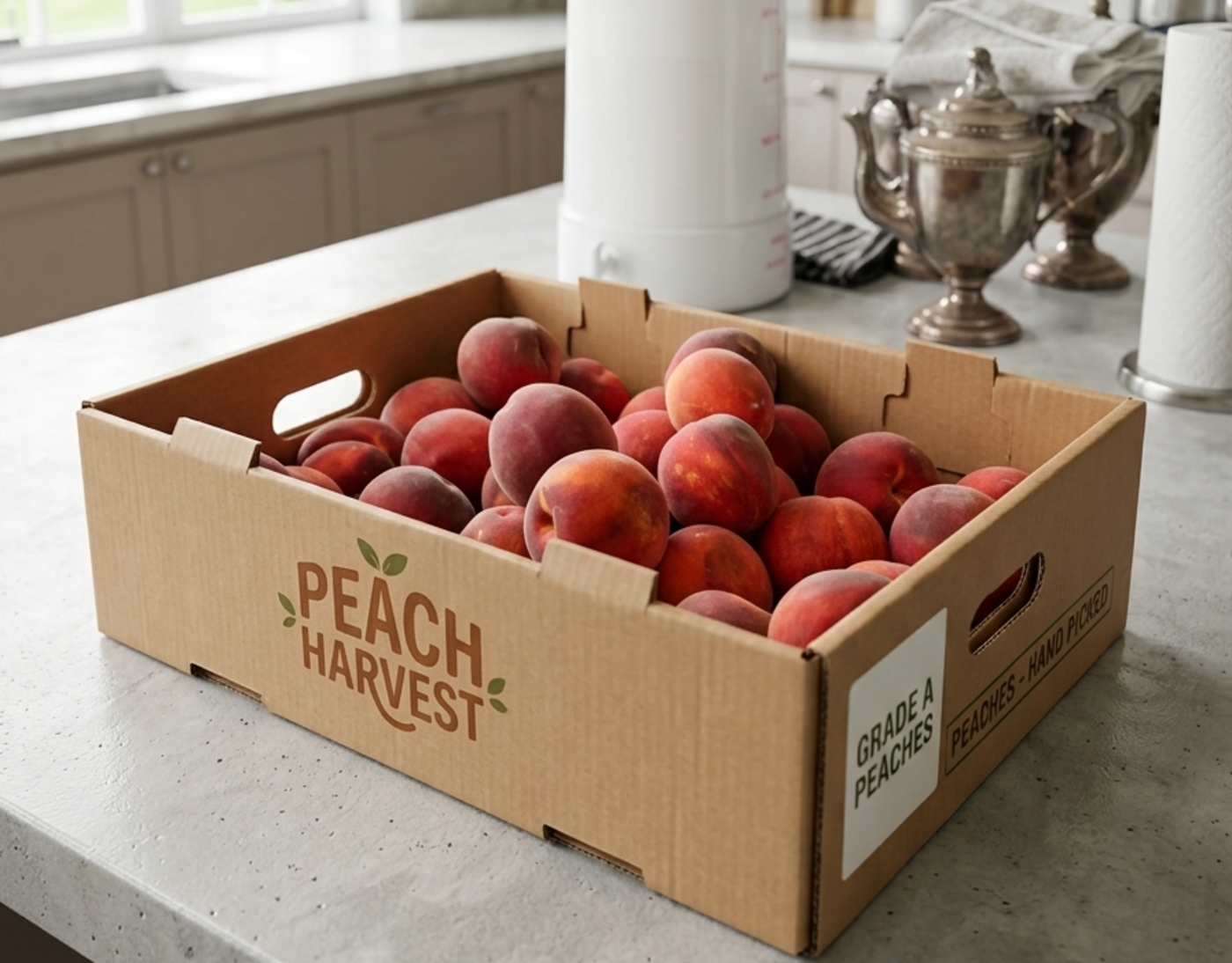 Peach Harvest box on a kitchen counter